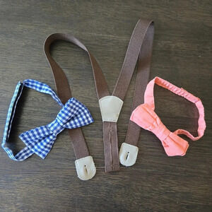 Baby Toddler Bow Ties & Suspenders - coral blue plaid gingham velcro